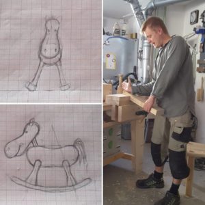 Luomus_Woodworksin_yrittäjä_Ville_Naumanen_työstää_Histamiini-keinuhevosta